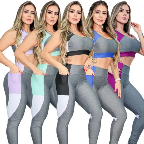 Kit 3 Conjuntos Fitness Top + Calça com Bolso