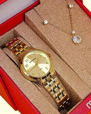 Relógio Mondaine Feminino Dourado + Kit Colar
