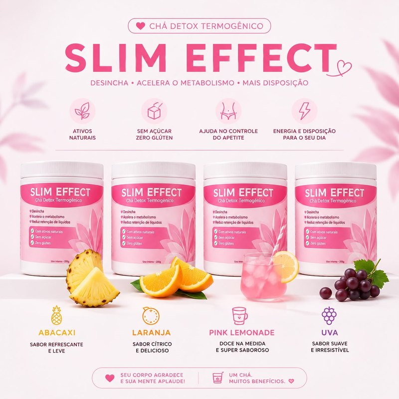 Slim Effect nos sabores abacaxi, laranja, pink lemonade e uva